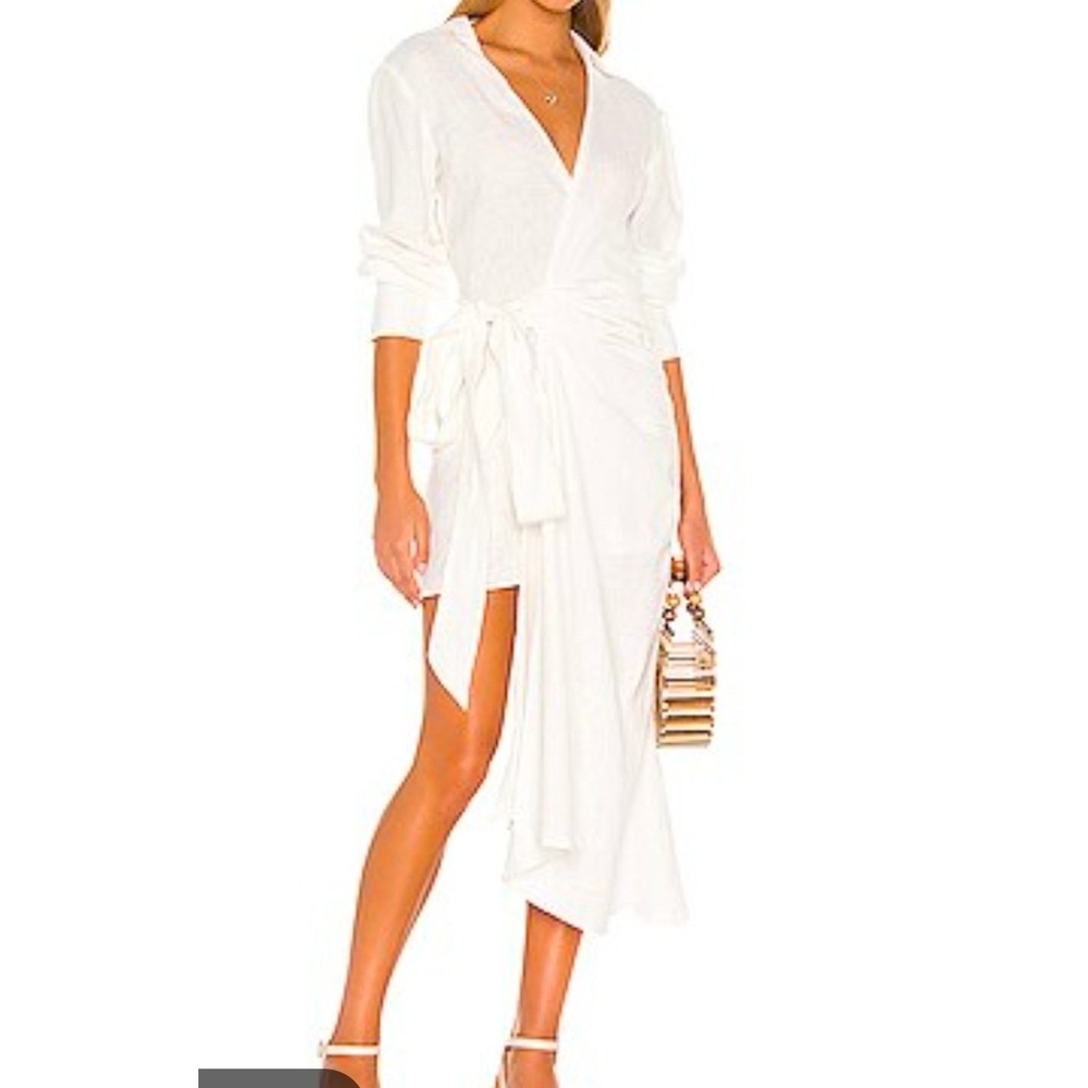 Just Bee Queen Fernanda Linen Asymmetric Wrap Off White Mini Dress Medium Womens